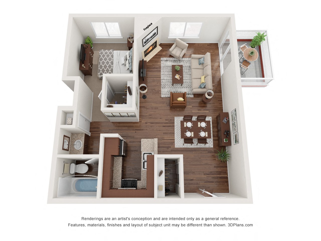 Floor plan for 1 bed, 1 bath, 700 sqft